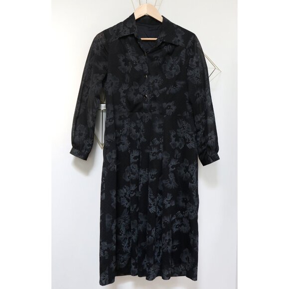 80s Black & Grey Floral Polka Dot Satin Dress w/ Long Sleeves, Stretch Waist - Picture 8 of 10